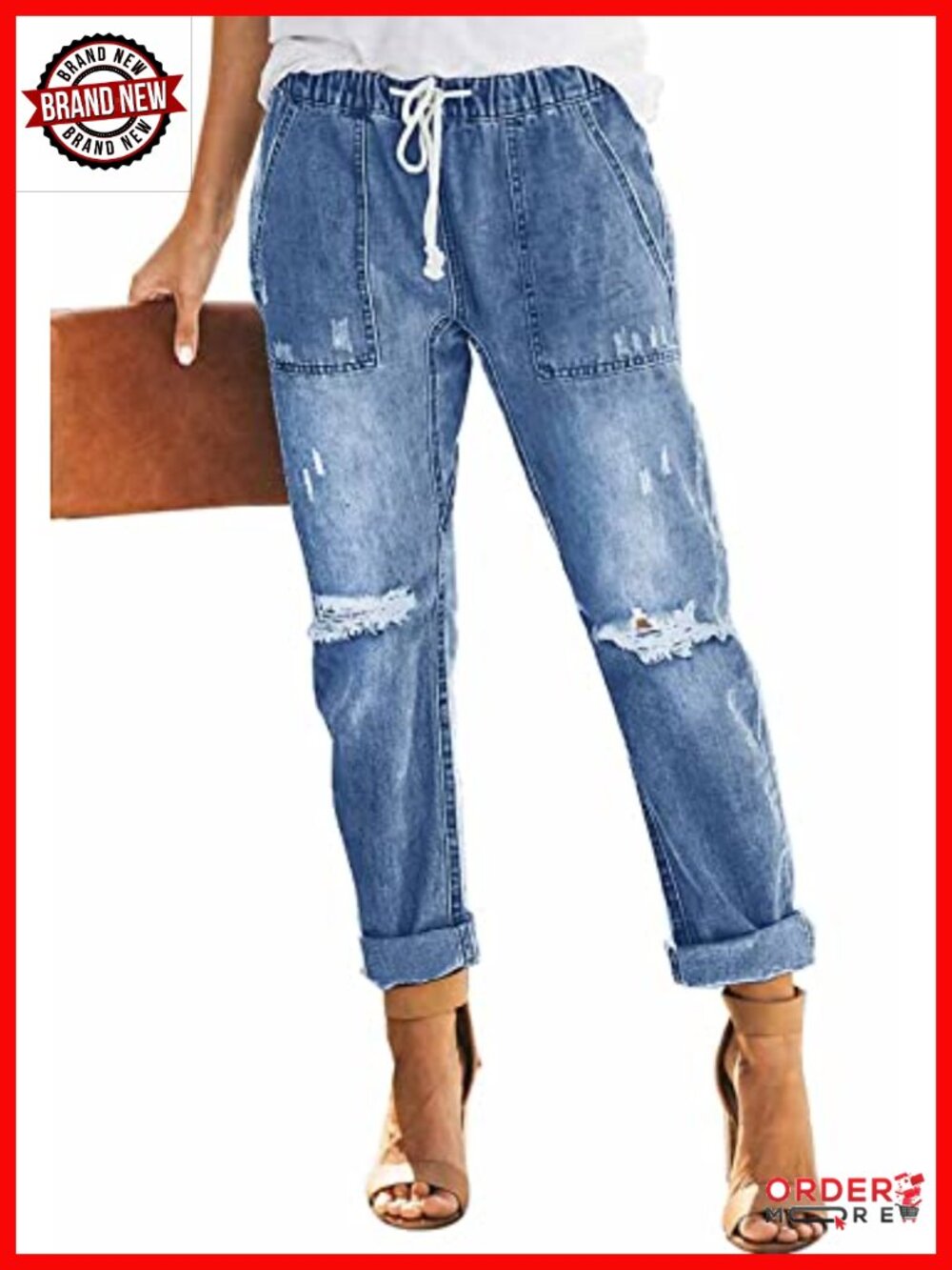 Metietila Women's Pull-On Distressed Stretch Jeans Elastic Waist Denim Joggers
